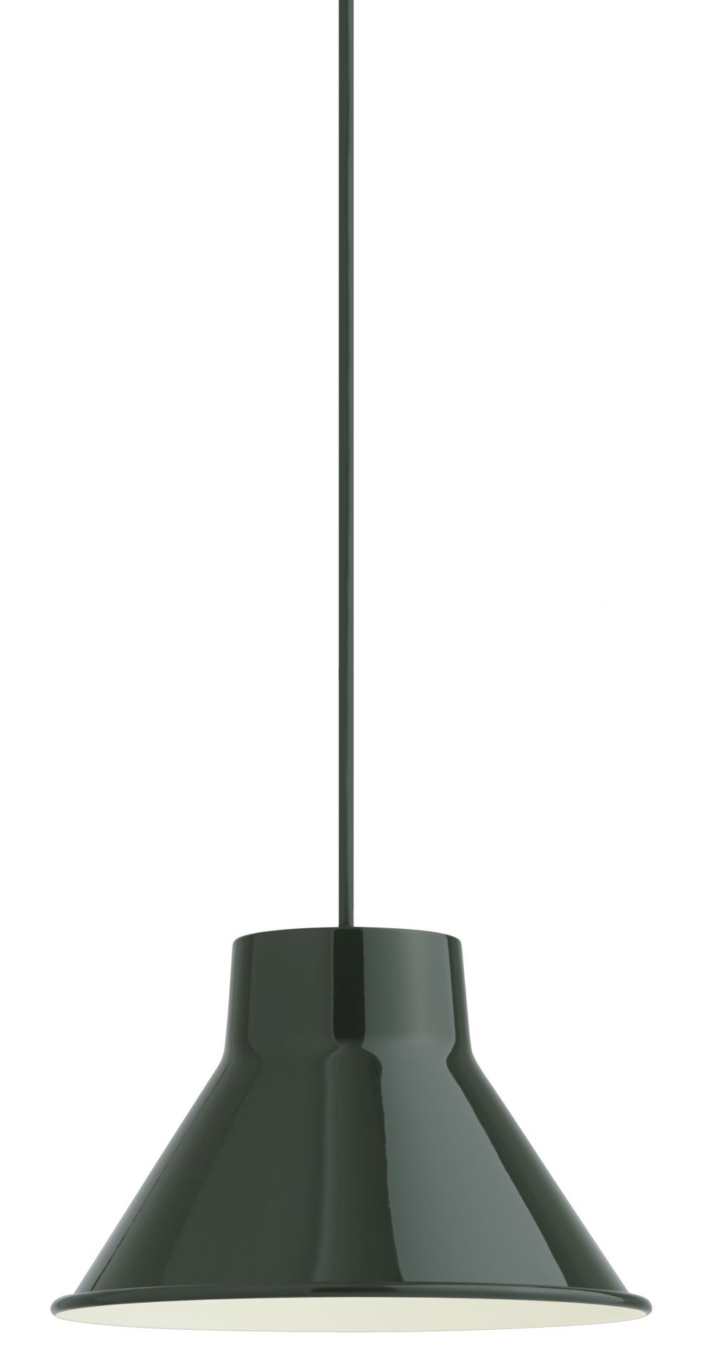 Nahaufnahme der Muuto Top Pendelleuchte in Dunkelgrün, moderne Hängelampe für stilvolle Innenbeleuchtung.